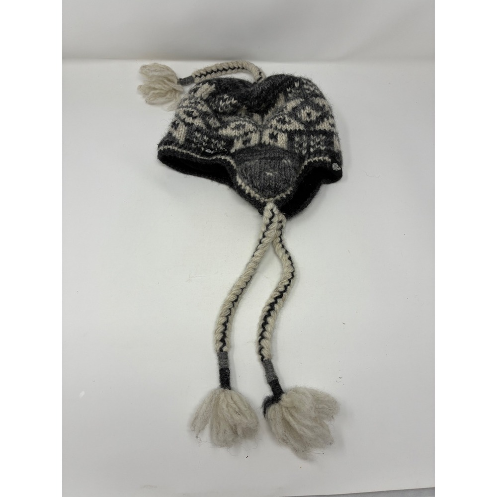 Everest Designs Wool Earflap Hat Grey Cream Fleece Lined Handmade Nepal Chullo